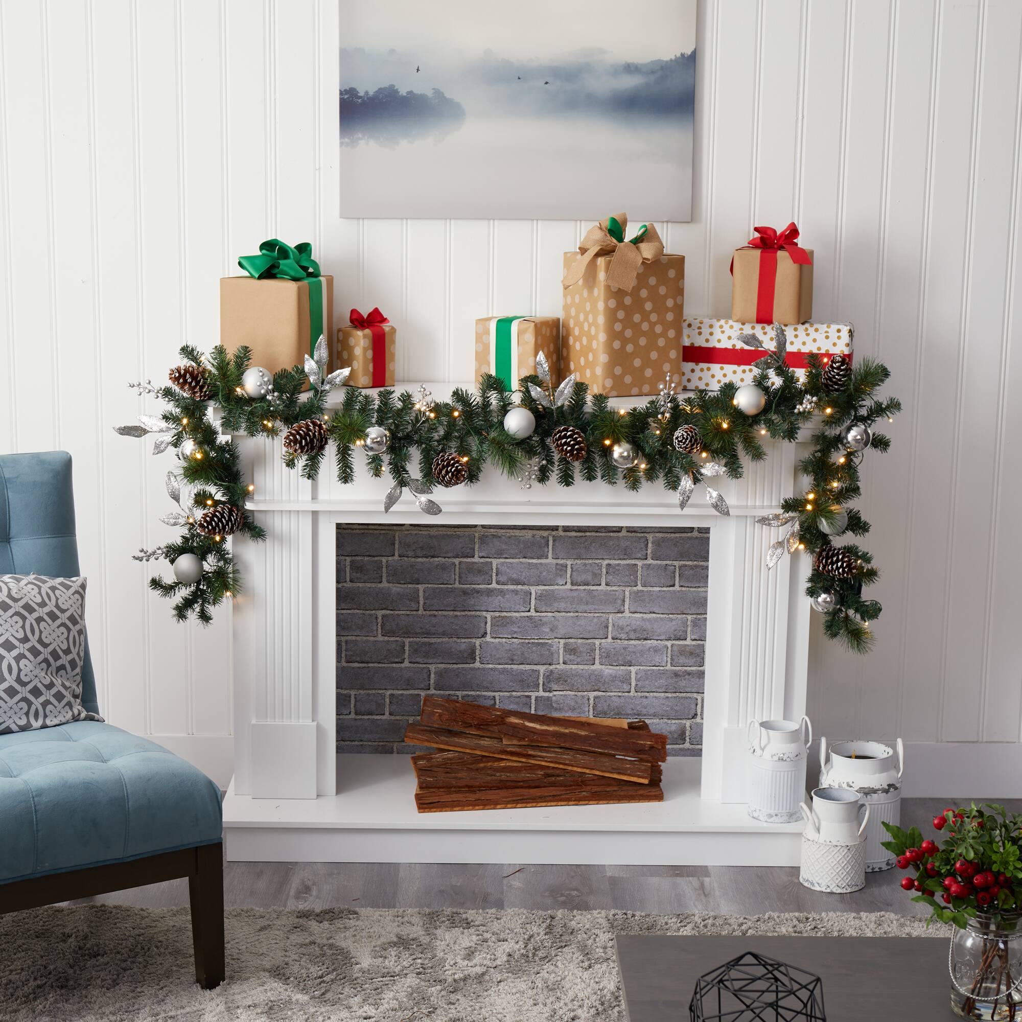 9ft. Pre-Lit Clear LED Ornament & Pinecone Artificial Christmas Garland